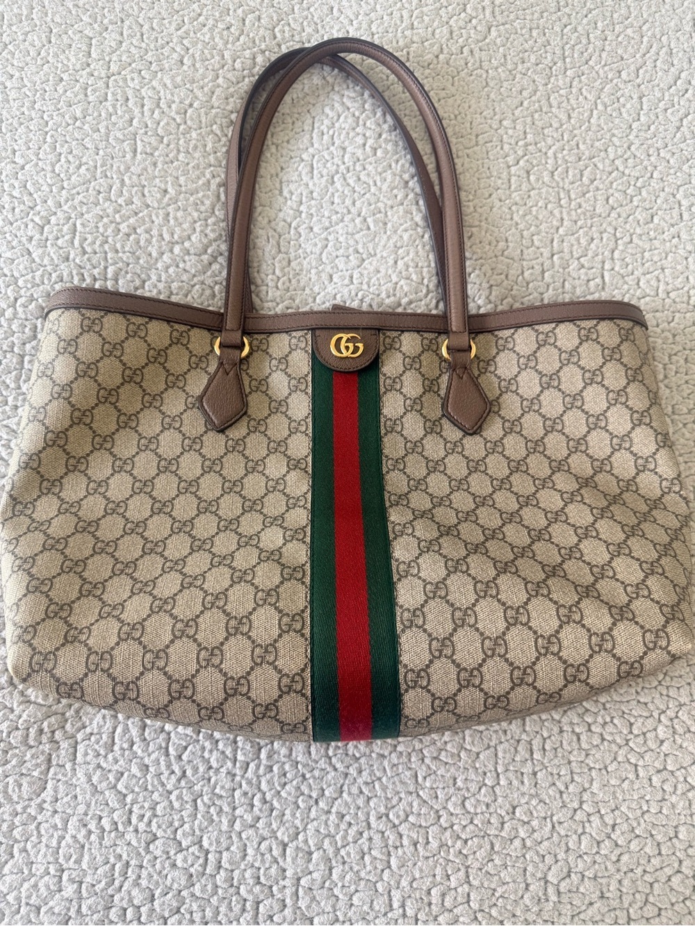 Beige Monogram Canvas Tote with Green-Red Web Stripe